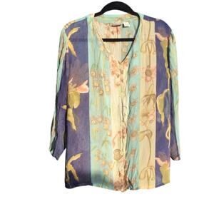 Styleworks sheer shirt womens XL green lightweight lagenlook watercolor floral